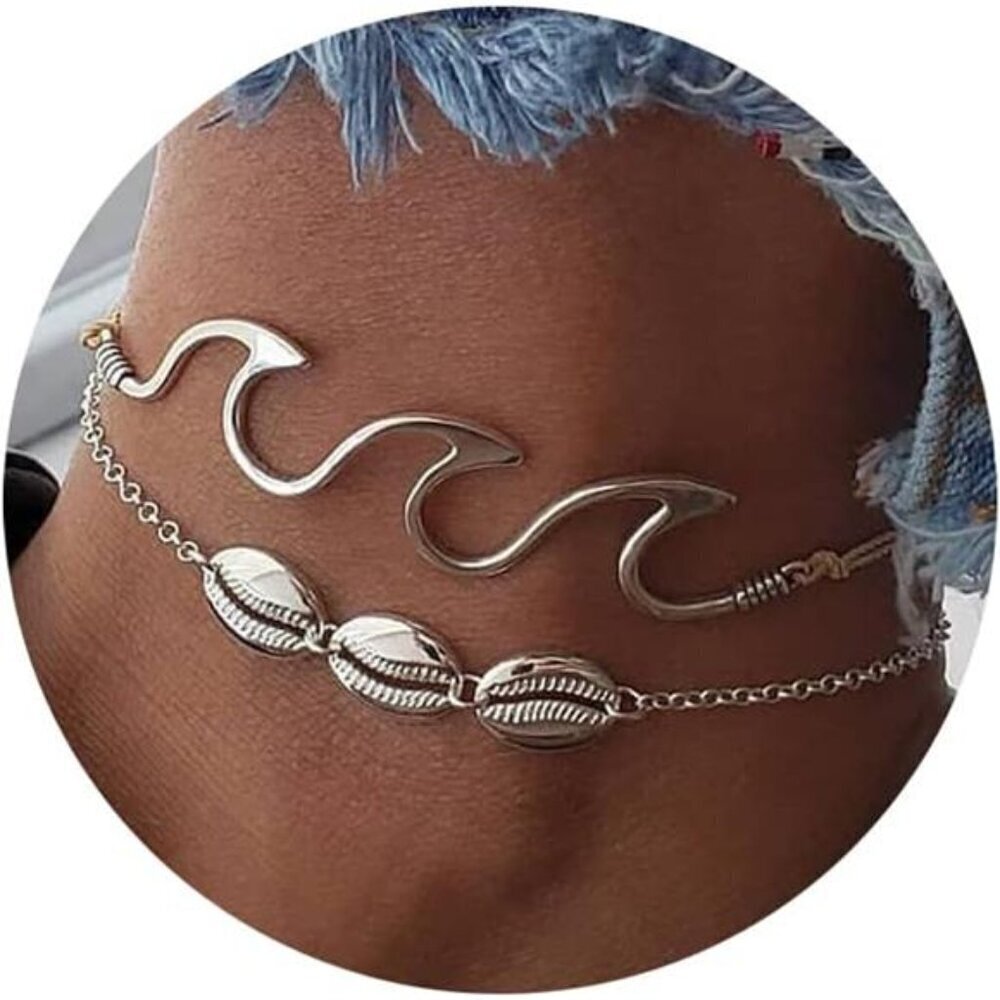 Silver Wave & Shell Anklet Set – Beach-Inspired Boho Jewelry -Beach Vibes Summer